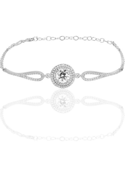 Gümüş Rodyumlu Zirkon Taşlı Pırlanta Montürlü Yuvarlak Bileklik