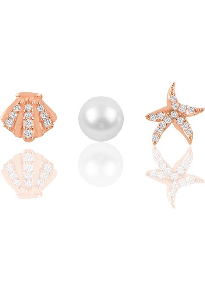 Gümüş Rose Zirkon ve Inci Taşlı Deniz Kombin Üçlü Küpe Seti