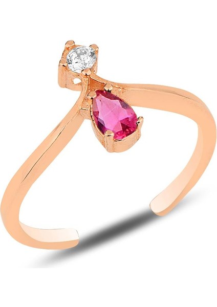 Gümüş Rose Fuşya Taşlı Taç Modeli Ayarlamalı Damla Yüzük