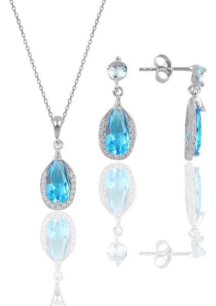 Gümüş Rodyumlu Akuamarin Taşlı Damla Modeli Kolye ve Küpe Ikili Set