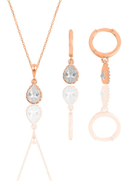 Gümüş Rose Zirkon Taşlı Damla Kolye ve Küpe Ikili Set