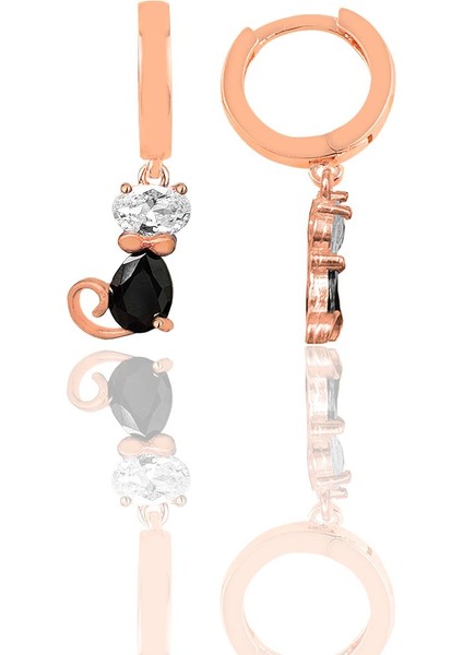 Gümüş Rose Zirkon ve Onix Taşlı Özel Tasarım Kedi Küpe