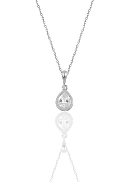 Gümüş Rodyumlu Zirkon Taşlı Damla Modeli Kolye