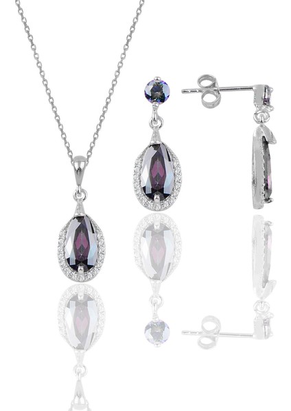 Gümüş Rodyumlu Mistik Taşlı Damla Modeli Kolye ve Küpe Ikili Set