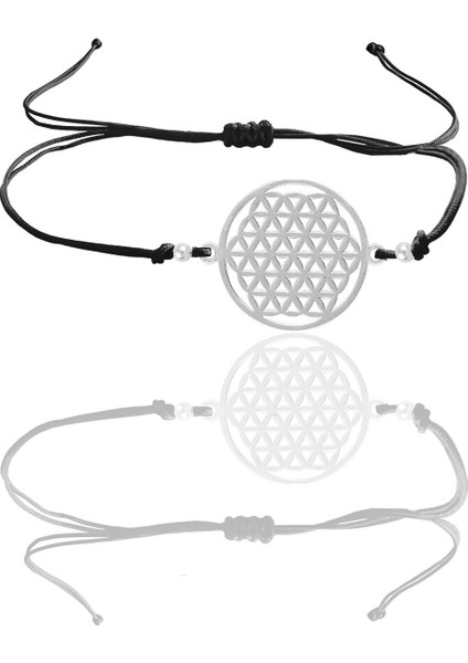 Gümüş Yaşam Çiçeği Siyah Ipli Bileklik