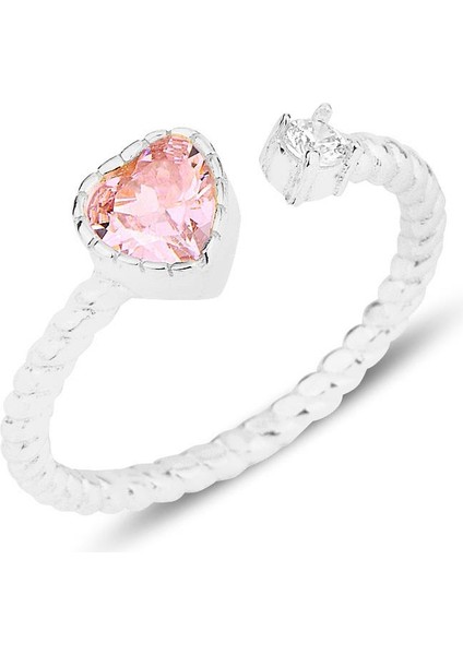 Gümüş Rodyumlu Pembe Taşlı Kalp Modeli Ayarlamalı Yüzük