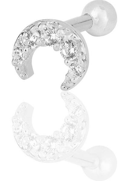 Gümüş Rodyumlu Zirkon Taşlı Hilal Modeli Tragus Helix Piercing Küpe