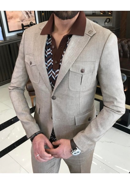 Terzi Adem Italyan Stil Slim Fit Keten Pamuk Karışımlı Safari Ceket Pantolon Takım Elbise Camel T9571