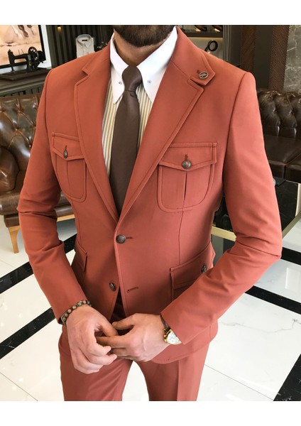 italyan stil slim fit yün karışımlı likralı safari ceket pantolon takım elbise kiremit T9577 fiyatları