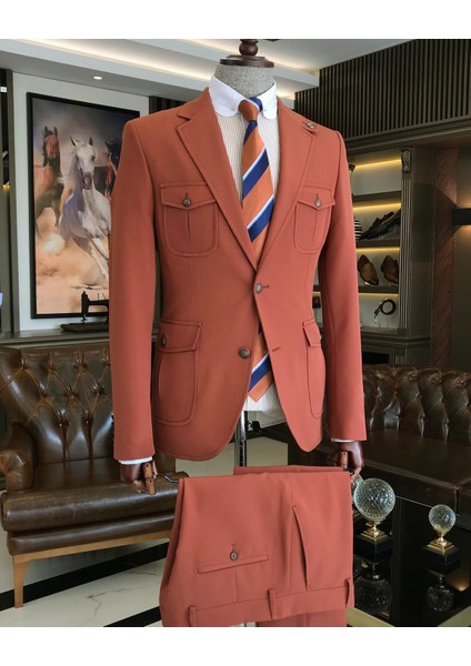 italyan stil slim fit yün karışımlı likralı safari ceket pantolon takım elbise kiremit T9577 modelleri