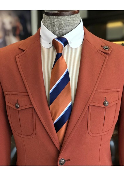 italyan stil slim fit yün karışımlı likralı safari ceket pantolon takım elbise kiremit T9577 fırsatları