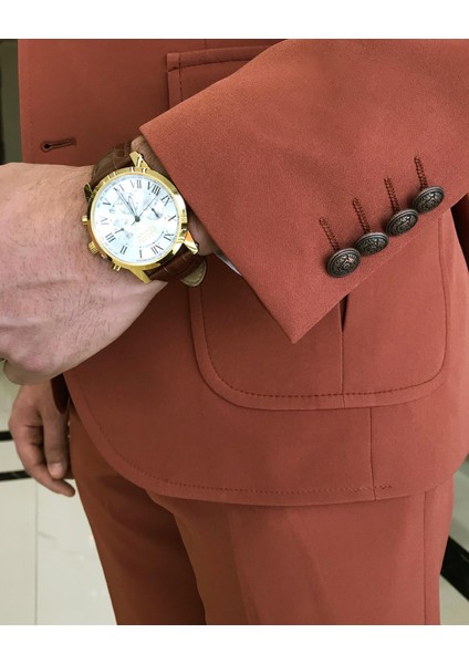 italyan stil slim fit yün karışımlı likralı safari ceket pantolon takım elbise kiremit T9577 indirimleri