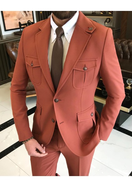 Terzi Adem Italyan Stil Slim Fit Yün Karışımlı Likralı Safari Ceket Pantolon Takım Elbise Kiremit T9577