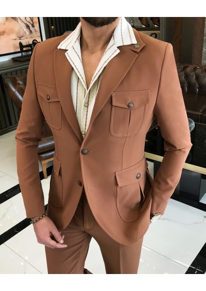 Italyan Stil Slim Fit Yün Karışımlı Likralı Safari Ceket Pantolon Takım Elbise Camel T9581