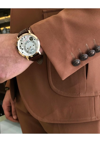 Italyan Stil Slim Fit Yün Karışımlı Likralı Safari Ceket Pantolon Takım Elbise Camel T9581 modelleri