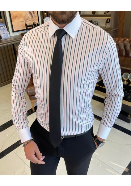 Italyan Stil Slim Fit Çizgili Erkek Kravat Yaka Gömlek Beyaz T9234