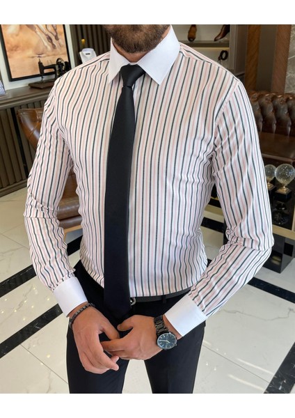 Italyan Stil Slim Fit Çizgili Erkek Kravat Yaka Gömlek Beyaz T9234 fiyatları