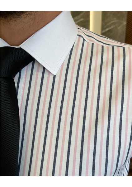 Italyan Stil Slim Fit Çizgili Erkek Kravat Yaka Gömlek Beyaz T9234 fırsatları