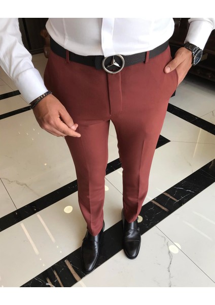Italyan Stil Slim Fit Erkek Kumaş Pantolon Kiremit T9723 fiyatları
