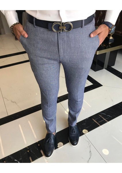 İtalyan stil slim fit erkek kumaş pantolon Lacivert T9785