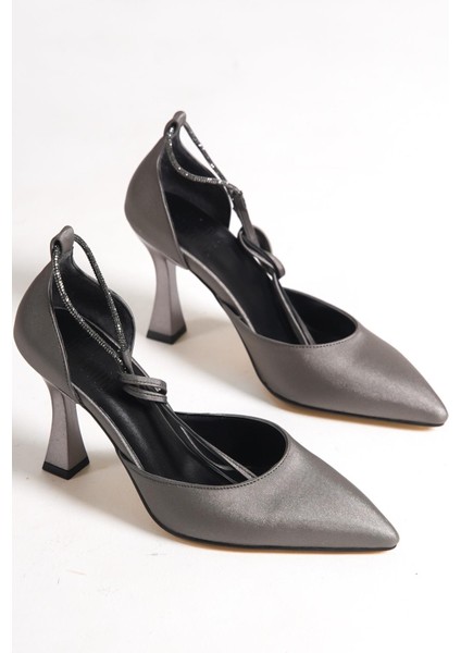 Glossy Platin Gri Taşlı Stiletto Abiye Topuklu Ayakkabı fırsatları