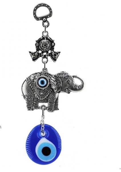 Cam Nazar Boncuklu Metal Duvar Süsü Tekli Fil Figürü Kapı Süsü 17X7 cm