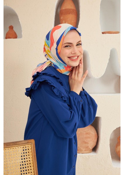 Yeni Twist Desen Pamuk Viskon Eşarp Turuncu Lacivert 1133-06