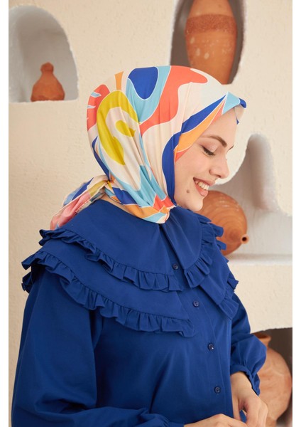 Yeni Twist Desen Pamuk Viskon Eşarp Turuncu Lacivert 1133-06