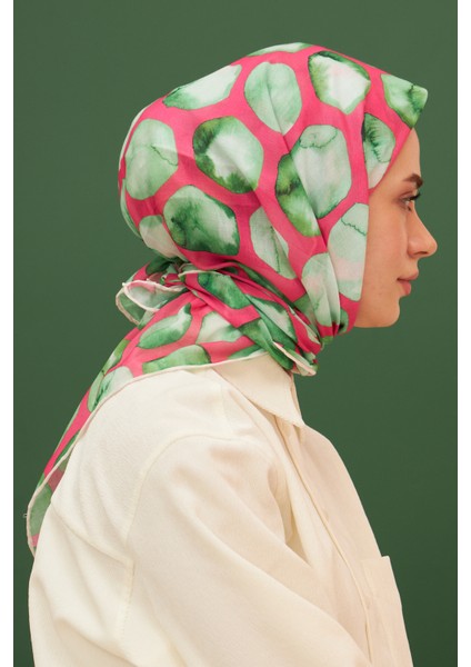 Bloom Pembe Yeşil Pamuk Viskon Eşarp Modeli