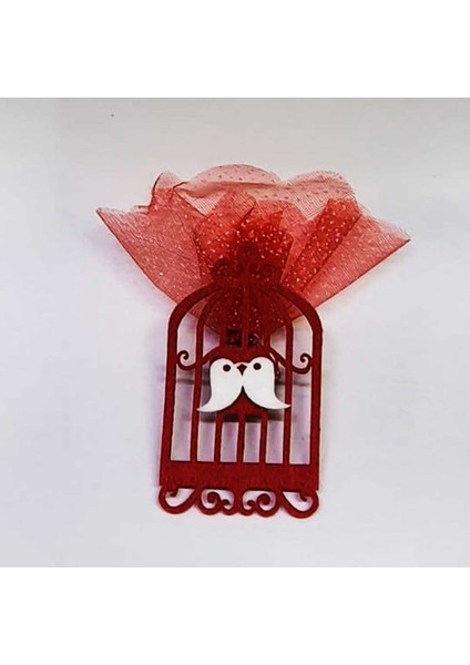 Keçe Kafesli Kuşlu Magnet - 50'li Kırmızı