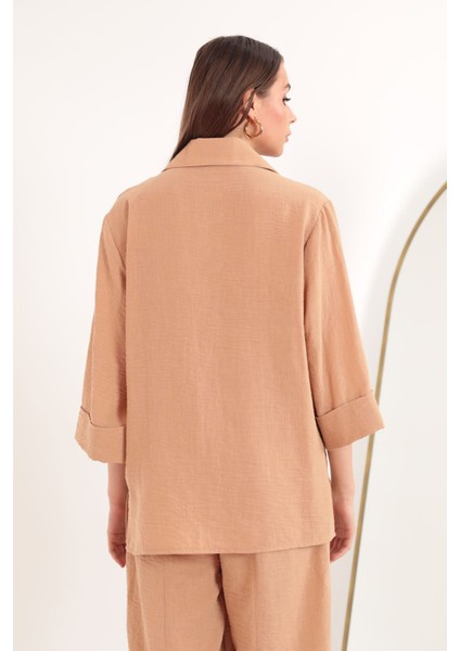 Keten Kumaş Kemer Detay Cepli Kadın Tunik-Bej fiyatları