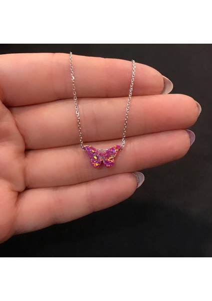 OPAL MOR KELEBEK GÜMÜŞ KOLYE