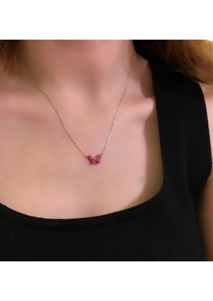 OPAL MOR KELEBEK GÜMÜŞ KOLYE