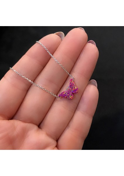 OPAL MOR KELEBEK GÜMÜŞ KOLYE