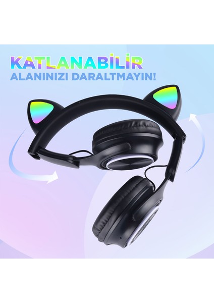 Rgb LED Işıklı Kedi Kulağı Band Tasarımlı Katlanabilir Kulak Üstü Bluetooth Kulaklık (M6 Pro Cat)