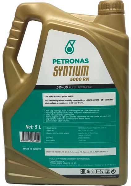 Petronas Motor Yağı 8681144071020 (Syntium 5000 Rn 5W30 5 Litre Full Sentetik Acea C4)