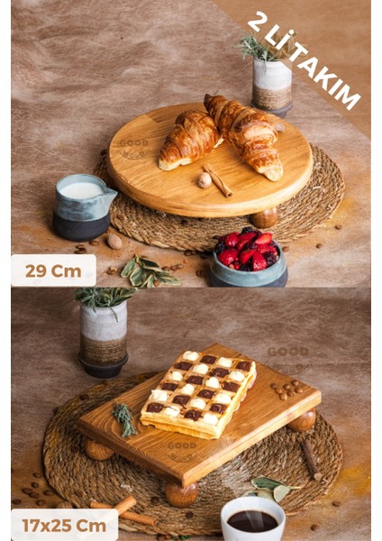 Just Wood Justwood 2 Li Risus Top Ayaklı 29 Cm Ve 17x25 Cm Ahşap Dikdörtgen Pasta Sunum Servis Tabağı Seti