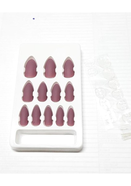 Mat Pembe Tak Çık Tırnak Seti Yapışkanlı Takma Tırnaklar 12 Li