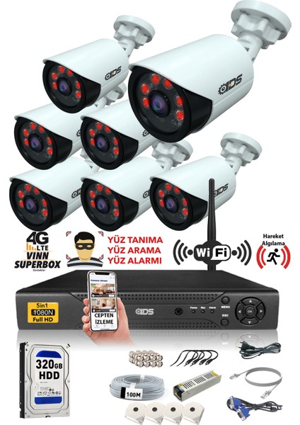 7 Kameralı 5 Mp Lensli 1080P Full HD Kamera Seti - Gece Görüşlü - Su Geçirmez - Cepten İzle