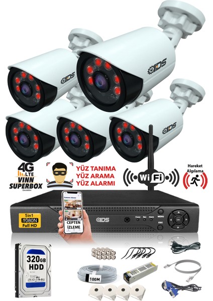 5 Kameralı 5 Mp Lensli 1080P Full HD Kamera Seti - Gece Görüşlü - Su Geçirmez - Cepten İzle
