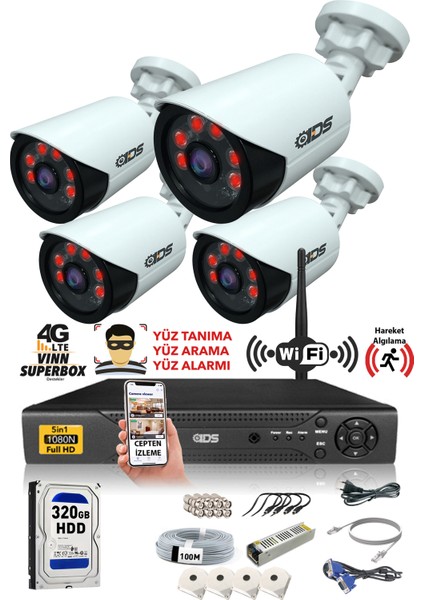 4 Kameralı 5 Mp Lensli 1080P Full HD Kamera Seti - Gece Görüşlü - Su Geçirmez - Cepten İzle