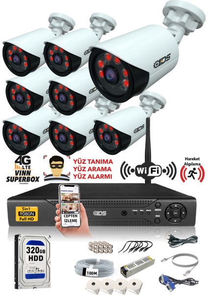 8 Kameralı 5 Mp Lensli 1080P Full HD Kamera Seti - Gece Görüşlü - Su Geçirmez - Cepten İzle