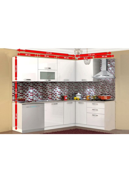 Vegas Ankastre L High Gloss Mutfak 365 cm Beyaz Tezgah Hariç