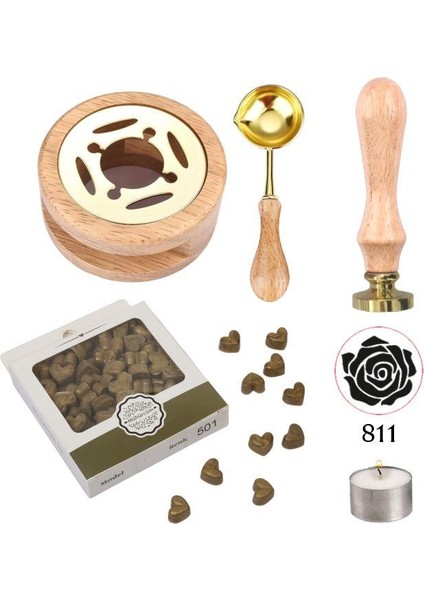 Davetiye Mum Mühürü Uygulama Seti Ahşap Rengi 811 Gül Desen