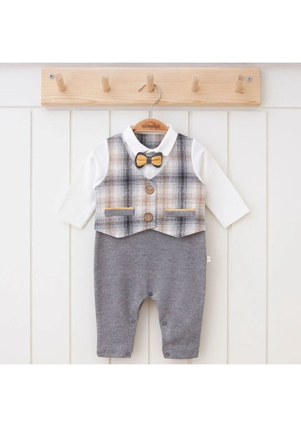5264MN Erkek Bebek Ekose Yelek Görünümlü Şık Gri Tulum