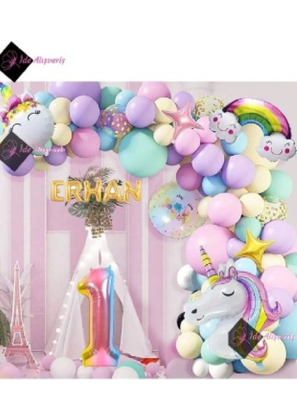5 Harfli Yaş Gökkuşağı Konsepti Unicorn Temalı Makaron Balon Doğum Günü Parti Kutlama Seti