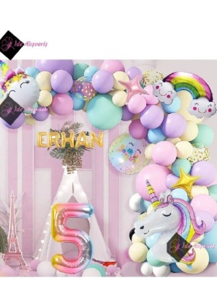 5 Harfli Yaş Gökkuşağı Konsepti Unicorn Temalı Makaron Balon Doğum Günü Parti Kutlama Seti