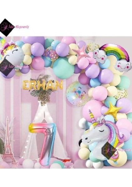 5 Harfli Yaş Gökkuşağı Konsepti Unicorn Temalı Makaron Balon Doğum Günü Parti Kutlama Seti