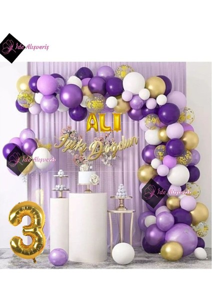 3 Harf Isimli ve Yaş Folyolu Macaron Mor Balon Zinciri Seti Gölge Mor Altın Balon Dekorasyon