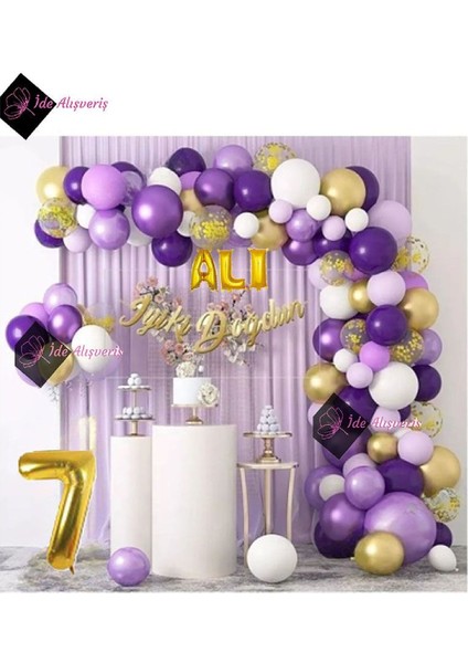 3 Harf Isimli ve Yaş Folyolu Macaron Mor Balon Zinciri Seti Gölge Mor Altın Balon Dekorasyon